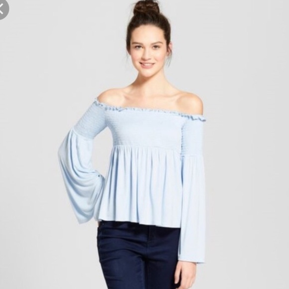 Light Blue Smocked Off Shoulder Top